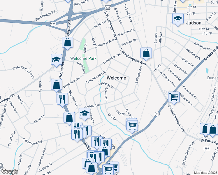 map of restaurants, bars, coffee shops, grocery stores, and more near 22 Lynhurst Drive in Greenville
