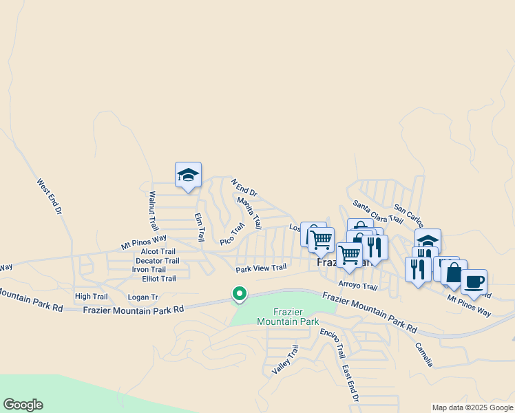 map of restaurants, bars, coffee shops, grocery stores, and more near 3905 Oregon Drive in Frazier Park
