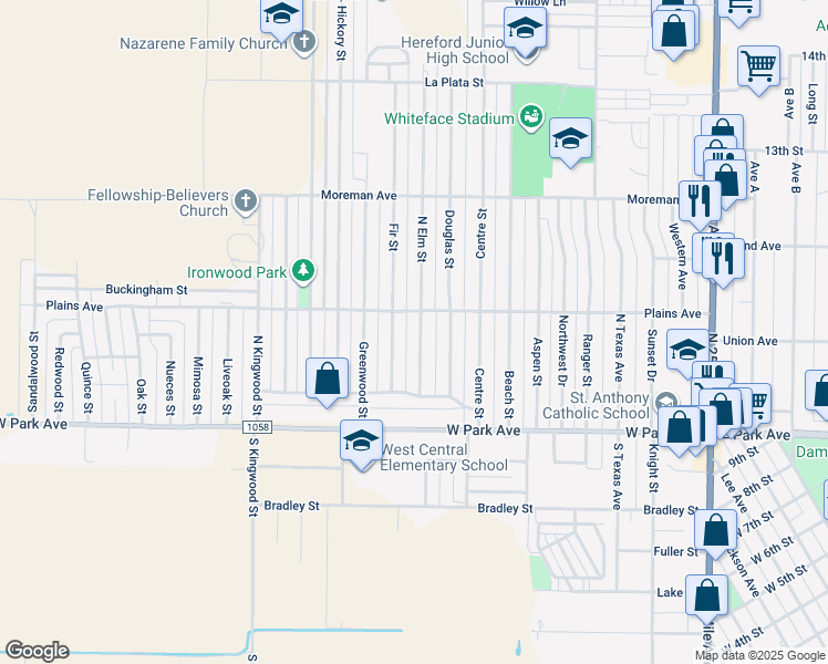 map of restaurants, bars, coffee shops, grocery stores, and more near 115 North Elm Street in Hereford
