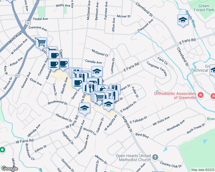 map of restaurants, bars, coffee shops, grocery stores, and more near 32 East Faris Road in Greenville