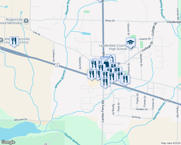 map of restaurants, bars, coffee shops, grocery stores, and more near 16143 U.S. 72 in Rogersville