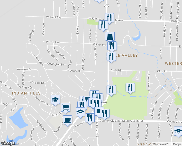 map of restaurants, bars, coffee shops, grocery stores, and more near 2520 Ozark Drive in North Little Rock