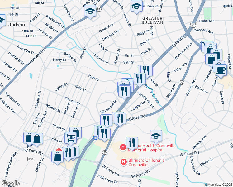map of restaurants, bars, coffee shops, grocery stores, and more near 112 Edgewood Drive in Greenville