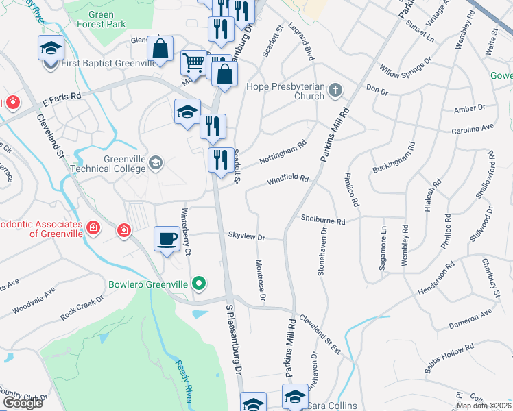 map of restaurants, bars, coffee shops, grocery stores, and more near 16 Windfield Road in Greenville