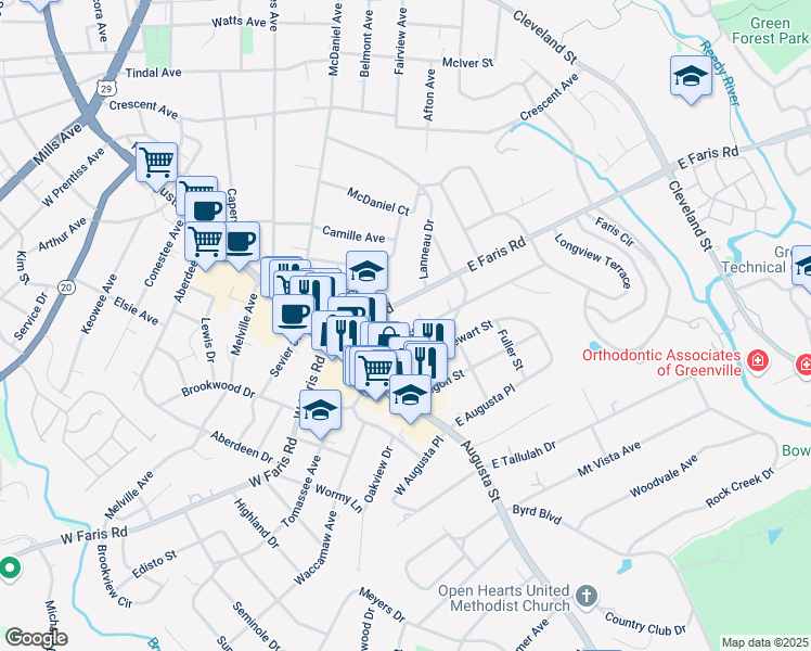 map of restaurants, bars, coffee shops, grocery stores, and more near 32 East Faris Road in Greenville