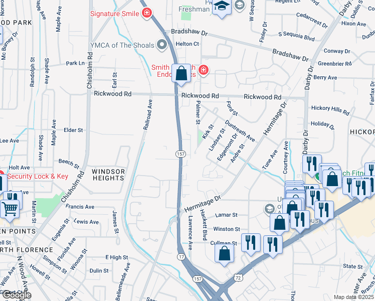 map of restaurants, bars, coffee shops, grocery stores, and more near 1550 Helton Drive in Florence