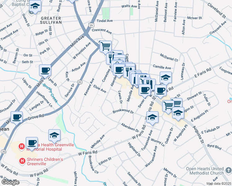 map of restaurants, bars, coffee shops, grocery stores, and more near 17 West Lewis Drive in Greenville
