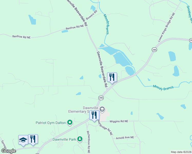 map of restaurants, bars, coffee shops, grocery stores, and more near 1535 Dawnville Beaverdale Road Northeast in Dalton