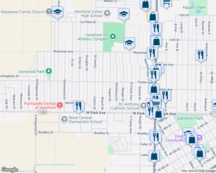 map of restaurants, bars, coffee shops, grocery stores, and more near 133 Aspen Street in Hereford