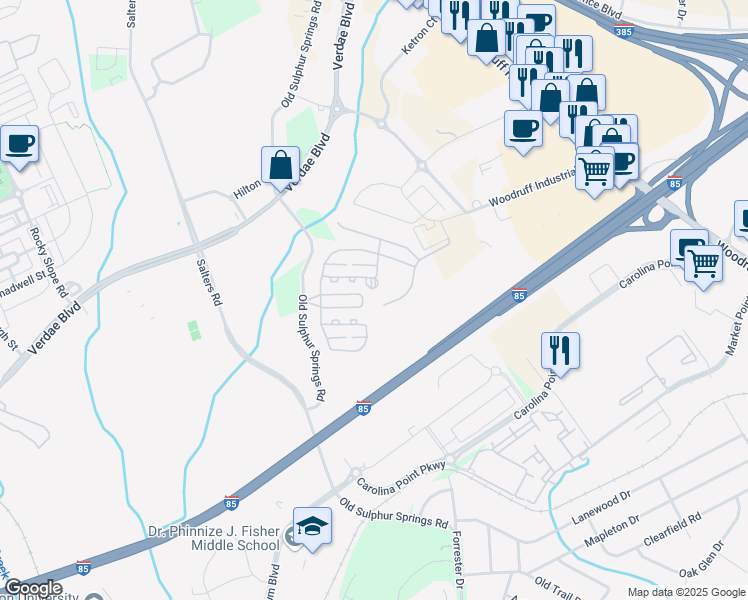 map of restaurants, bars, coffee shops, grocery stores, and more near 10 Fountainview Terrace in Greenville
