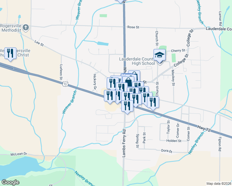 map of restaurants, bars, coffee shops, grocery stores, and more near 16143 U.S. 72 in Rogersville