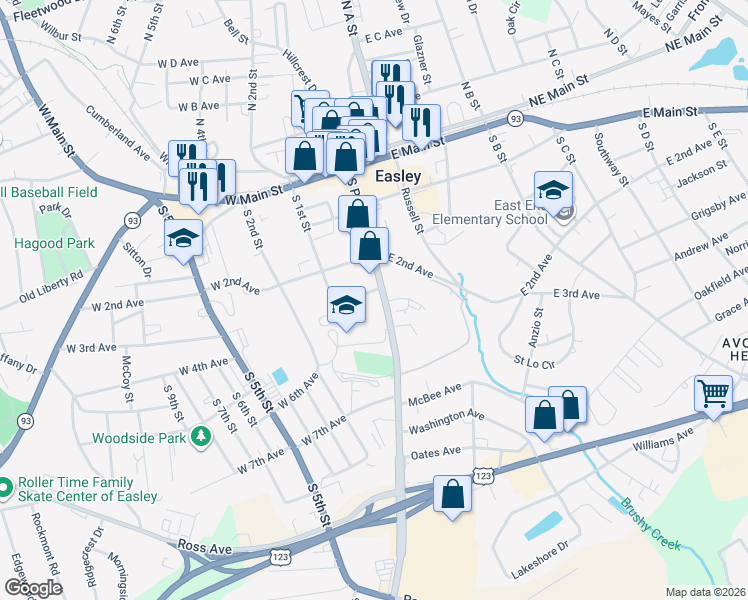 map of restaurants, bars, coffee shops, grocery stores, and more near 404 South Pendleton Street in Easley