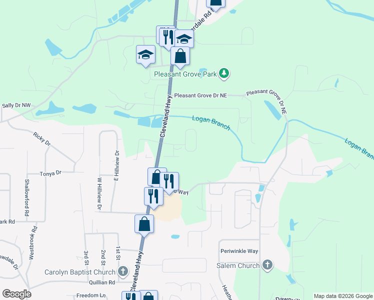 map of restaurants, bars, coffee shops, grocery stores, and more near 2610 Cleveland Highway in Dalton