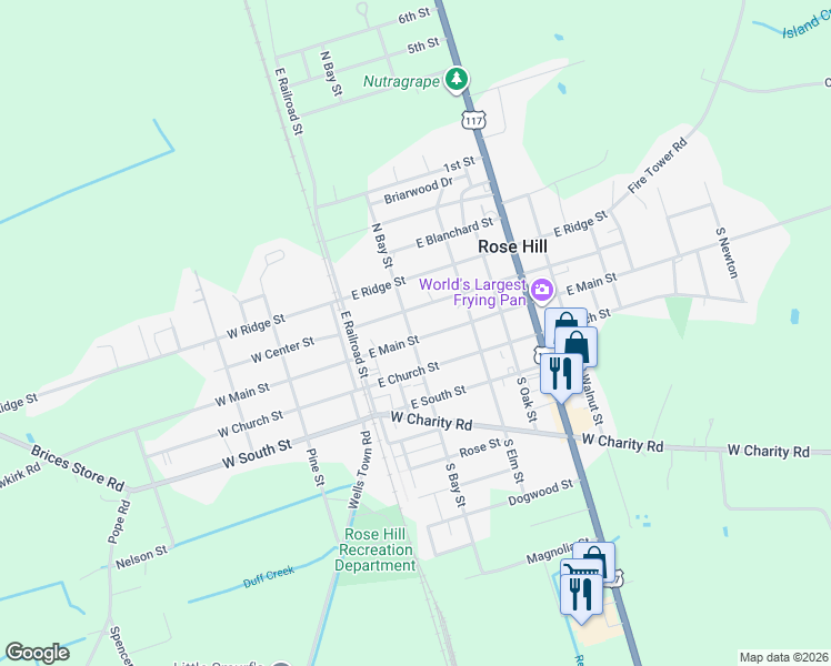 map of restaurants, bars, coffee shops, grocery stores, and more near 203 East Main Street in Rose Hill