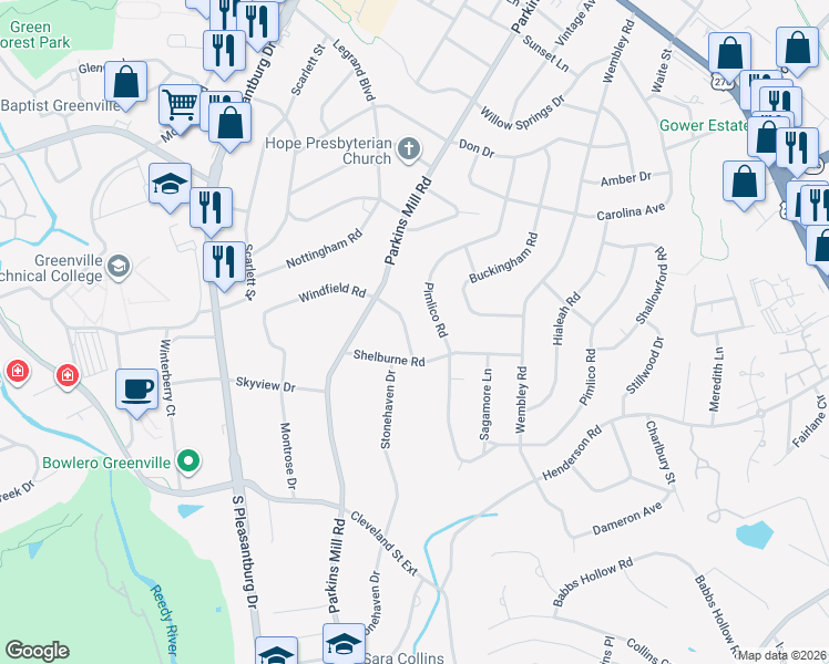 map of restaurants, bars, coffee shops, grocery stores, and more near 121 Windfield Road in Greenville