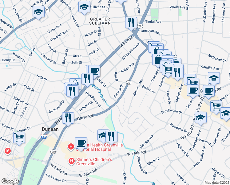 map of restaurants, bars, coffee shops, grocery stores, and more near 10 Beverly Avenue in Greenville