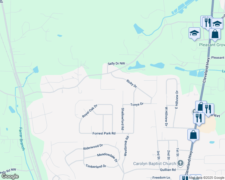 map of restaurants, bars, coffee shops, grocery stores, and more near 329 Mill Trace Drive in Dalton