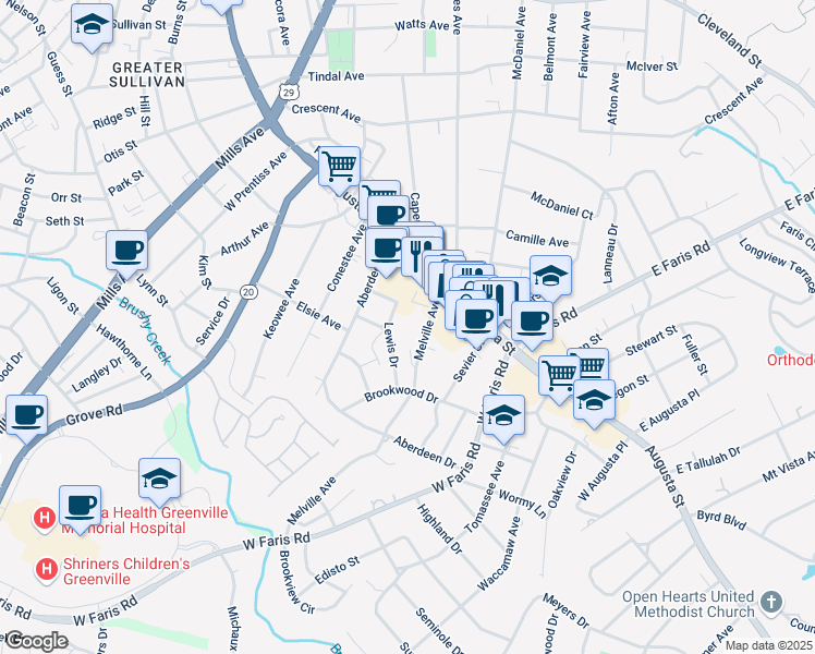 map of restaurants, bars, coffee shops, grocery stores, and more near 100 Lewis Drive in Greenville