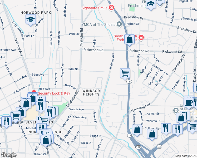 map of restaurants, bars, coffee shops, grocery stores, and more near 557 Malone Circle in Florence
