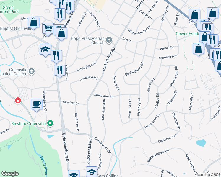 map of restaurants, bars, coffee shops, grocery stores, and more near 121 Windfield Road in Greenville