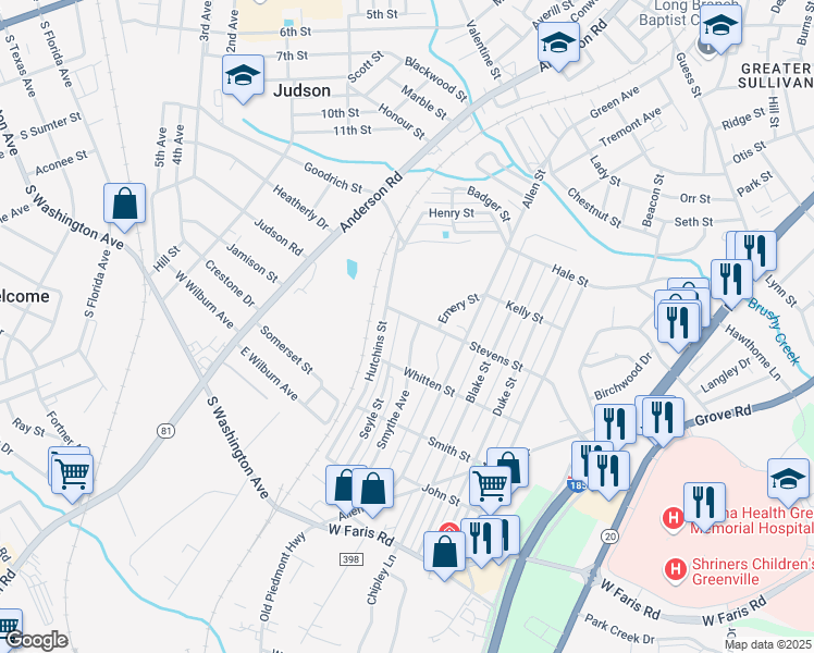 map of restaurants, bars, coffee shops, grocery stores, and more near 33 Smythe Avenue in Greenville