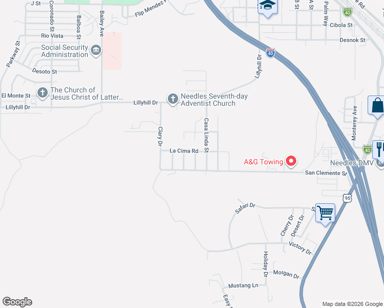 map of restaurants, bars, coffee shops, grocery stores, and more near 2202 Casa Del Sol Street in Needles