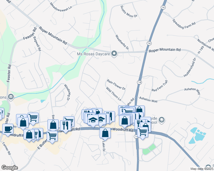 map of restaurants, bars, coffee shops, grocery stores, and more near 23 Rain Flower Drive in Greenville