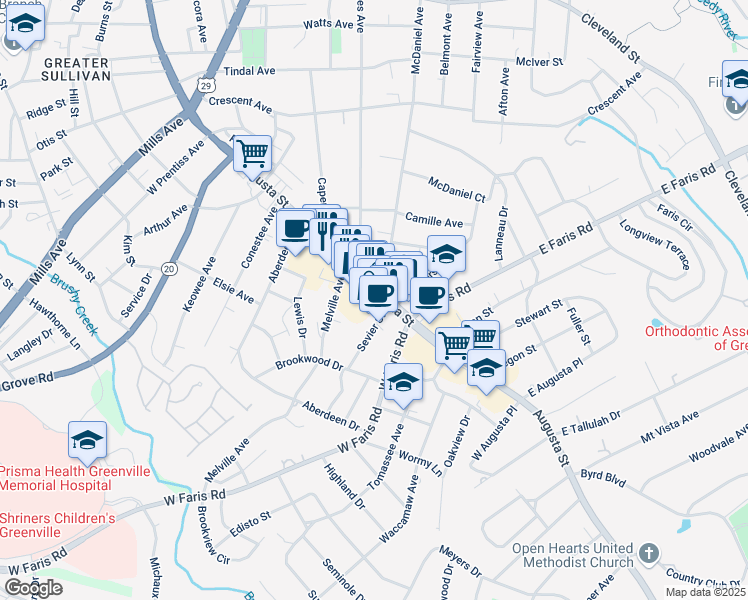 map of restaurants, bars, coffee shops, grocery stores, and more near 1936 Augusta Street in Greenville