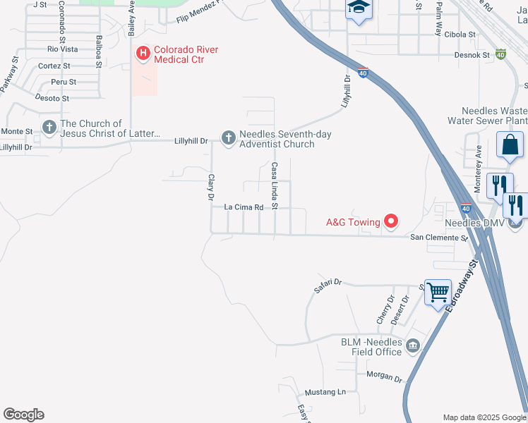 map of restaurants, bars, coffee shops, grocery stores, and more near 2201 Casa Del Sol Street in Needles