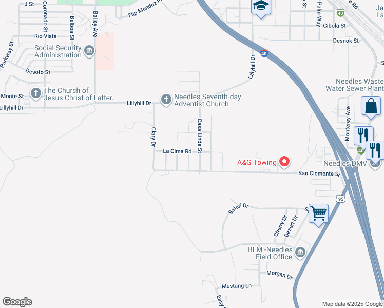 map of restaurants, bars, coffee shops, grocery stores, and more near 2201 Casa Del Sol Street in Needles
