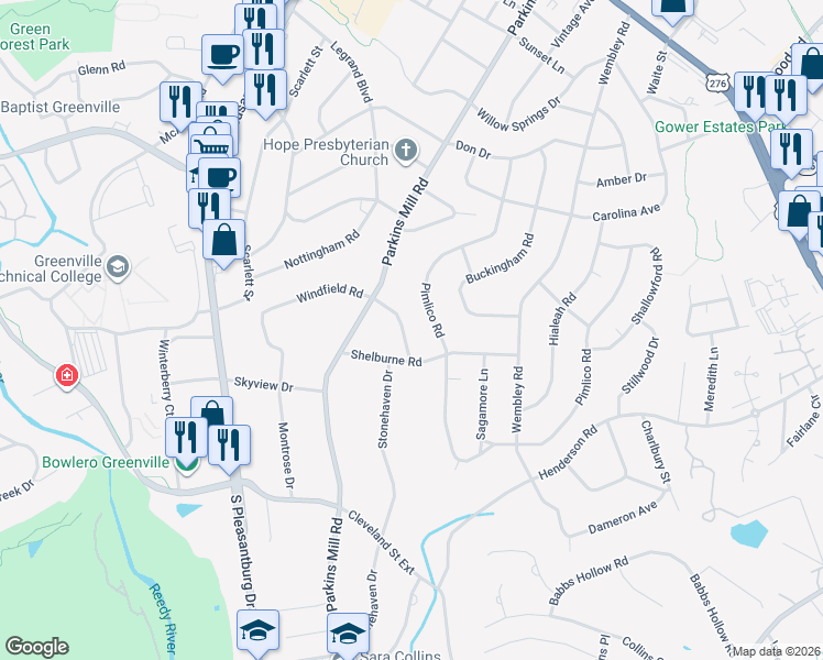 map of restaurants, bars, coffee shops, grocery stores, and more near 121 Windfield Road in Greenville