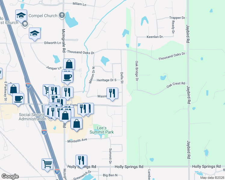 map of restaurants, bars, coffee shops, grocery stores, and more near 1635 West Drake Cove in Hernando