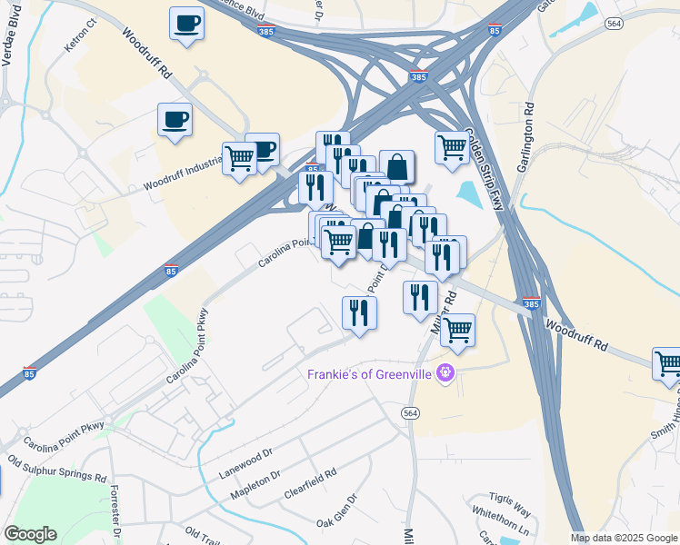 map of restaurants, bars, coffee shops, grocery stores, and more near 1140 Woodruff Road in Greenville