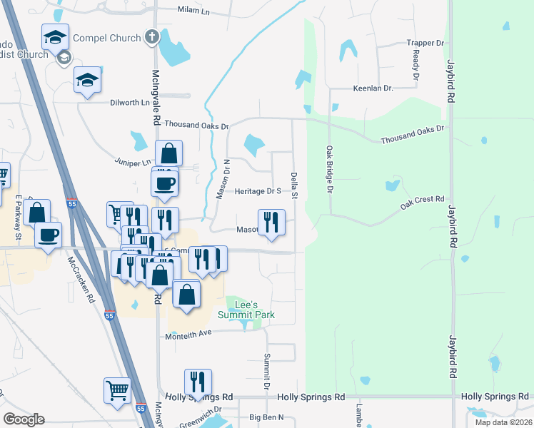 map of restaurants, bars, coffee shops, grocery stores, and more near 1635 West Drake Cove in Hernando