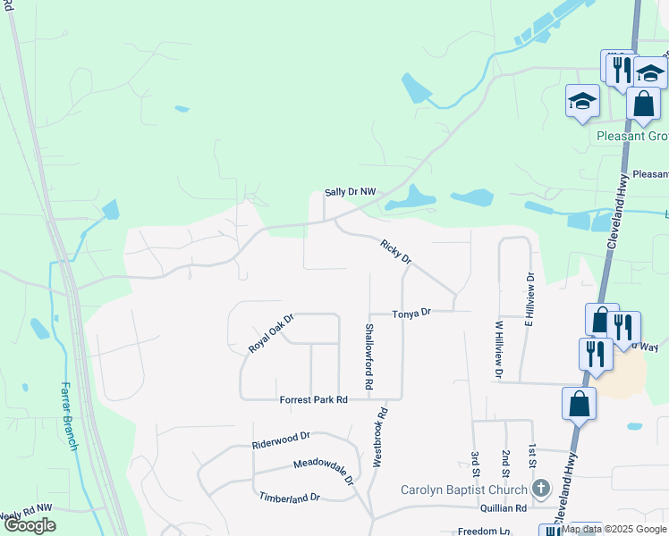 map of restaurants, bars, coffee shops, grocery stores, and more near 329 Mill Trace Drive in Dalton
