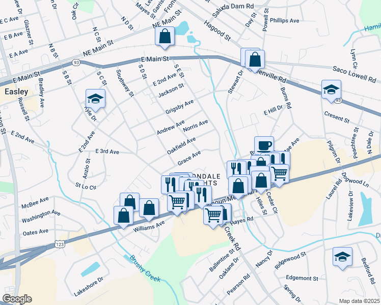 map of restaurants, bars, coffee shops, grocery stores, and more near 213 Grace Avenue in Easley