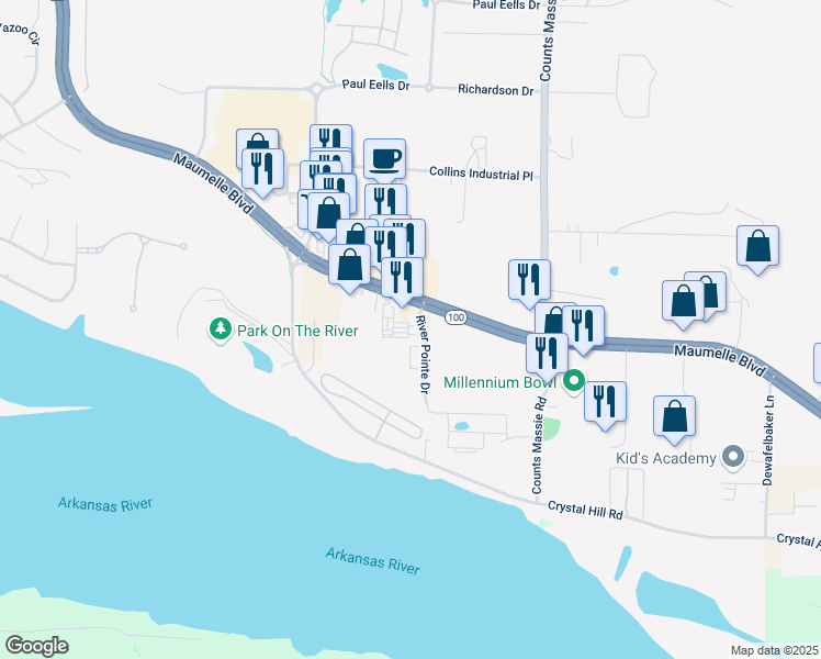 map of restaurants, bars, coffee shops, grocery stores, and more near 11600 River Pointe Drive in Maumelle