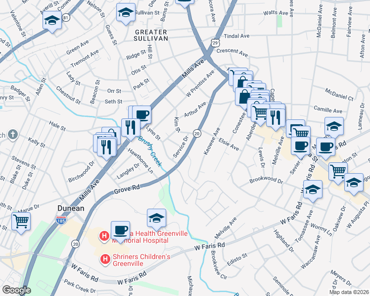 map of restaurants, bars, coffee shops, grocery stores, and more near 319 South Carolina 20 in Greenville