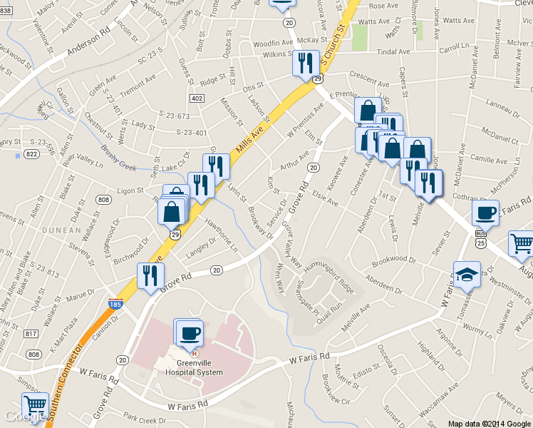 map of restaurants, bars, coffee shops, grocery stores, and more near 10 Beverly Avenue in Greenville