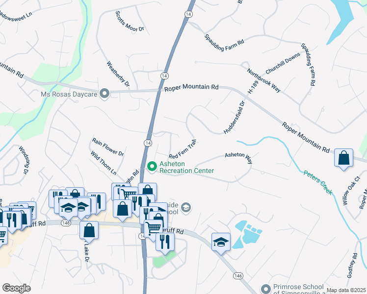 map of restaurants, bars, coffee shops, grocery stores, and more near 9 Red Fern Trail in Simpsonville