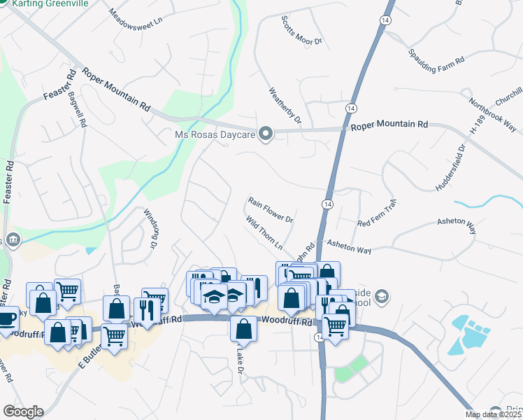 map of restaurants, bars, coffee shops, grocery stores, and more near 23 Rain Flower Drive in Greenville