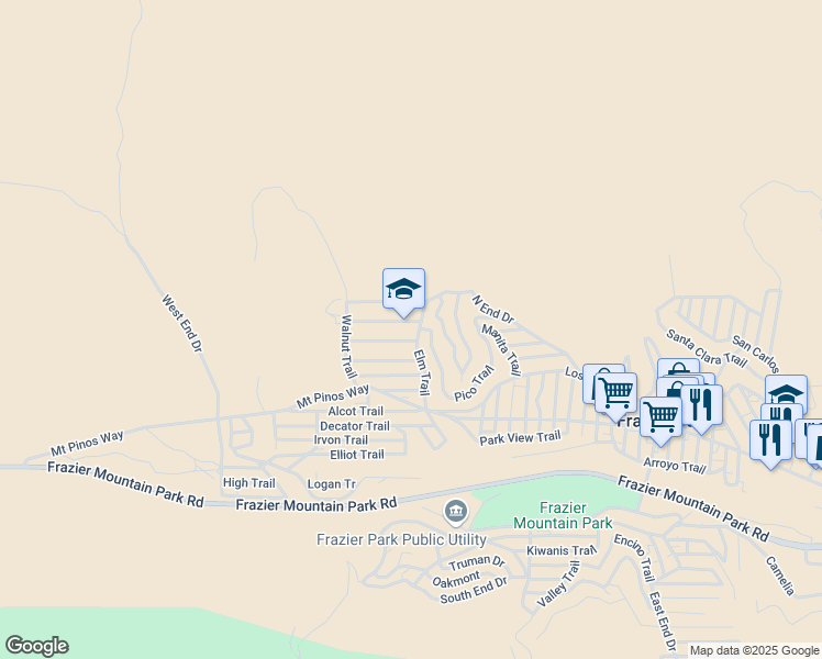 map of restaurants, bars, coffee shops, grocery stores, and more near 4124 Spruce Trail in Frazier Park