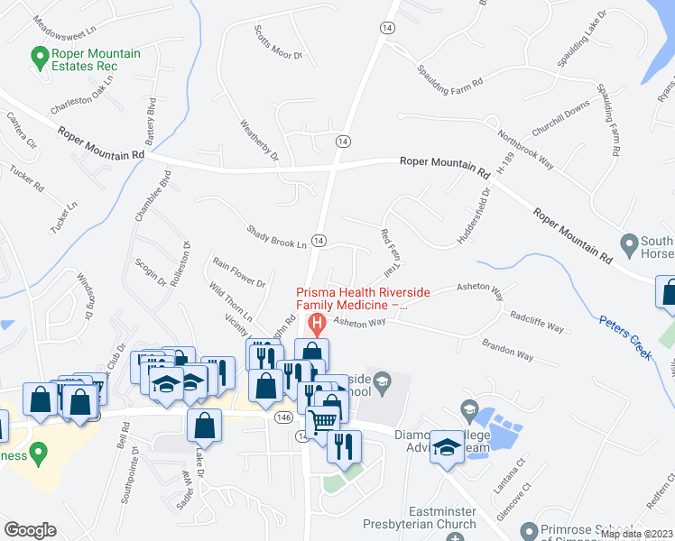 map of restaurants, bars, coffee shops, grocery stores, and more near 6 Wishing Well Court in Simpsonville