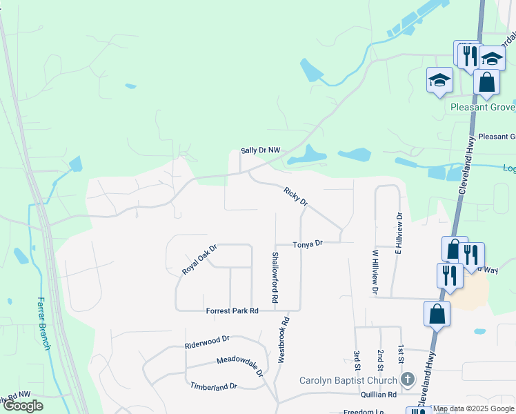 map of restaurants, bars, coffee shops, grocery stores, and more near 329 Mill Trace Drive in Dalton