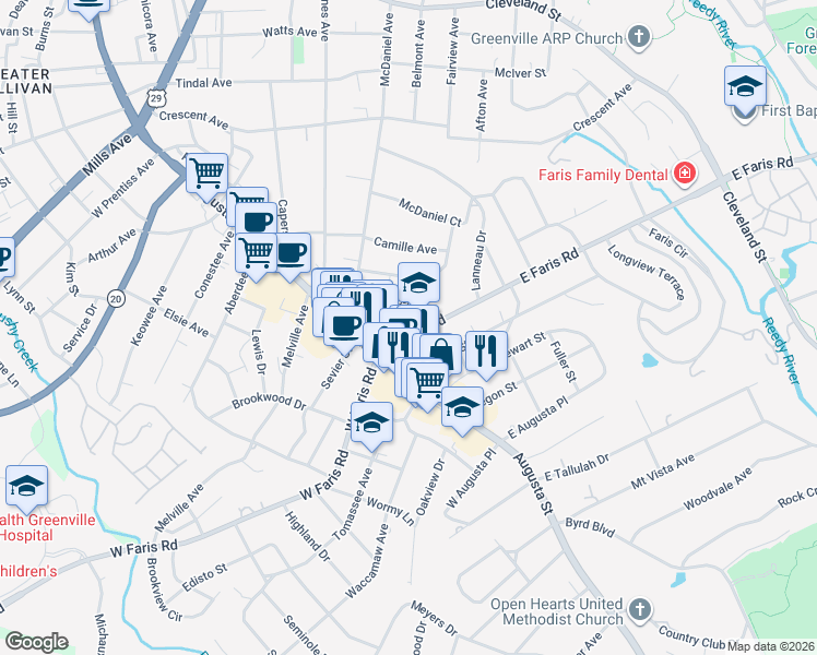 map of restaurants, bars, coffee shops, grocery stores, and more near 15 East Faris Road in Greenville