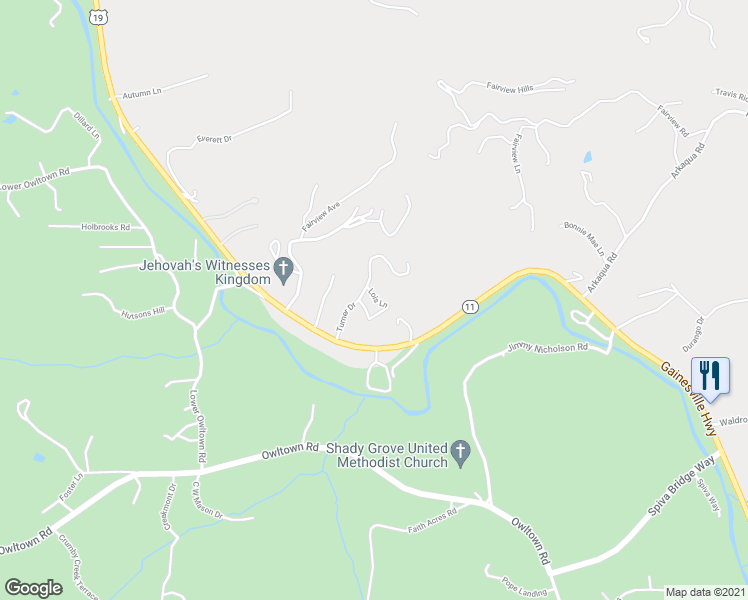 map of restaurants, bars, coffee shops, grocery stores, and more near 2299 Lois Lane in Blairsville