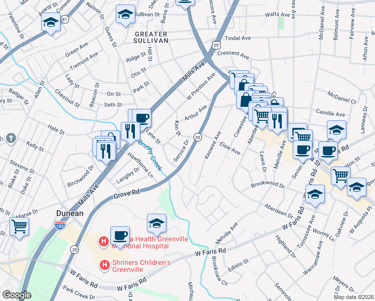map of restaurants, bars, coffee shops, grocery stores, and more near 312 Grove Road in Greenville