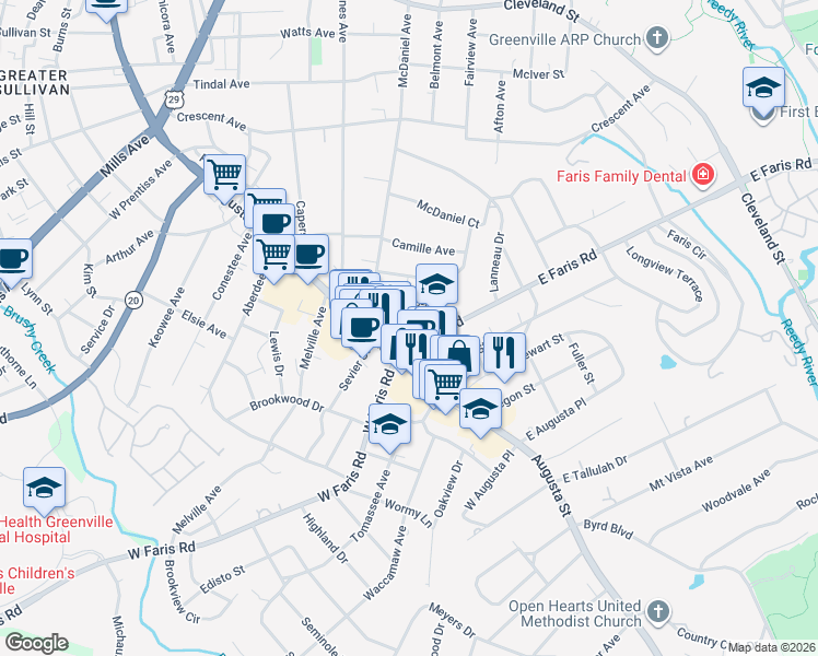 map of restaurants, bars, coffee shops, grocery stores, and more near 15 East Faris Road in Greenville