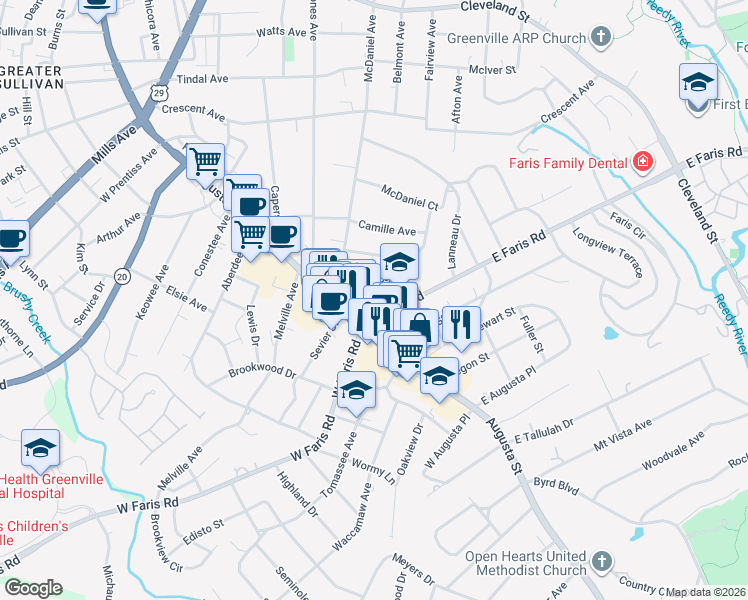 map of restaurants, bars, coffee shops, grocery stores, and more near 15 East Faris Road in Greenville