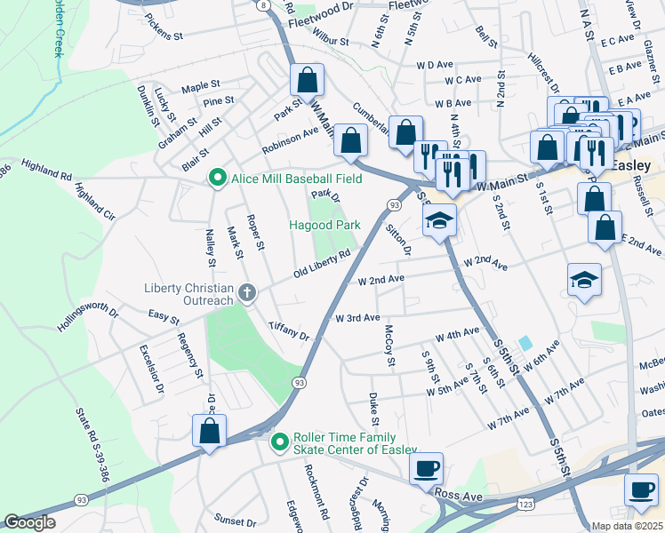 map of restaurants, bars, coffee shops, grocery stores, and more near 309 Liberty Drive in Easley